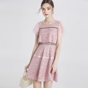 诗篇女装2019夏季新款粉色荷叶袖蕾丝超仙女减龄连衣裙6C59205790