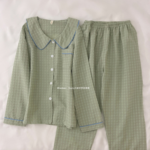 春秋睡衣秋季女款长袖梭织纯棉2023新款夏季小格子可爱绿色两件套
