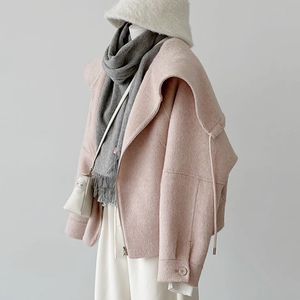 粉色双面呢子大衣女秋冬季高级感小个子短款翻领披肩斗篷毛呢外套