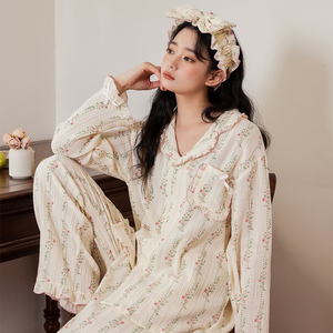 《蔷薇如雨》A类棉纱法式甜美纯棉长袖睡衣女春季新款家居服套装