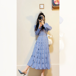 法式小香风蓝色修身连衣裙女春秋季小众设计高级感气质收腰长裙子