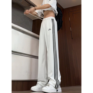 美式hiphop白色裤子男高级感夏季冰丝三条杠运动裤青少年条纹长裤
