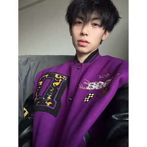 紫色国风刺绣夹克男生春季高级感青少年pu拼接皮衣外套广州棒球服