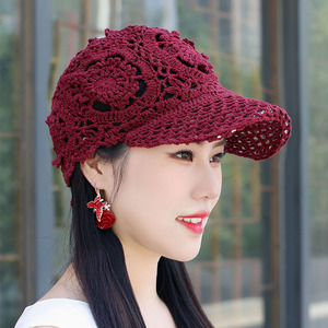 女式韩版夏季鸭舌帽子手工针织马尾棒球帽时尚镂空钩花遮阳帽休闲