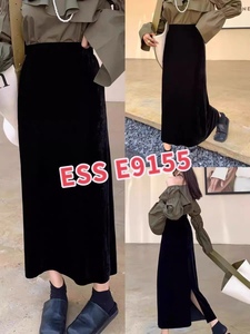 E时尚E9155春款丝绒半身裙女2024年新款后开叉中长款显瘦直筒裙子