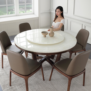 新中式纯天然大理石圆餐桌椅组合家庭白蜡木家用白冰玉石实木餐台