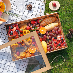 牛皮纸野餐盒一次性户外露营春游便当打包盒子下午茶甜品蛋糕水果