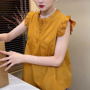 桔黄色短袖女2024夏季新款优雅设计感高端别致褶皱减龄小个子上衣