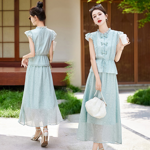 新中式高端设计感两件套裙装2024夏新款淑女气质修身显瘦优雅长裙