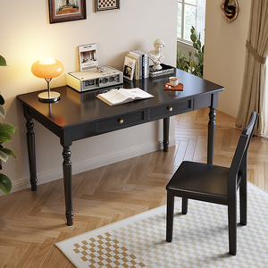 黑色实木书桌美式家用卧室电脑桌书房办公桌欧式复古小户型写字桌