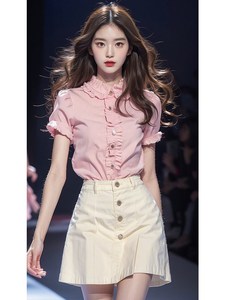 韩系温柔气质减龄套装2024夏新款甜美粉色短袖衬衫杏色短裙两件套