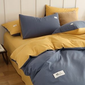 纯色床上四件套100全棉纯棉斜纹简约风床单被套床笠款素色双拼色