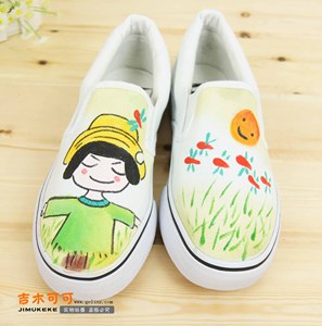 草绿色稻草女生手绘鞋少女手绘帆布鞋学生韩版彩绘板鞋可爱一脚蹬