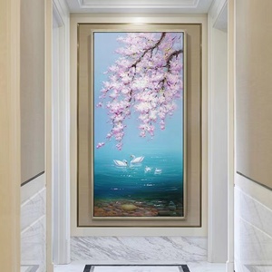 大芬村纯手绘油画中式樱花天鹅湖客厅装饰画玄关竖版走廊轻奢挂画