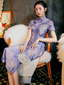 紫色丝麻旗袍2022年新款夏季复古气质民国优雅长款日常可穿连衣裙