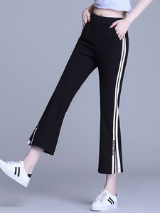 黑色条纹运动裤女2024夏季新款小个子高腰显瘦大码开叉九分喇叭裤