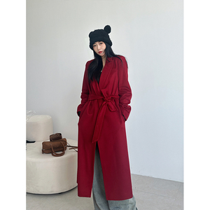 水波纹气质羊绒大衣女中长款24年新款韩国高端红色双面呢羊毛外套