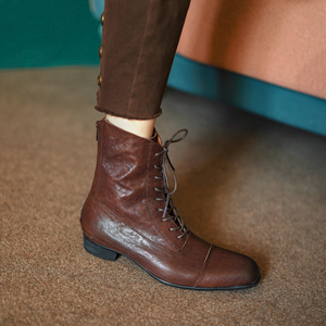 伊步~复古棕色真皮系带马丁靴女 英伦风质感擦色马皮中低跟短筒靴