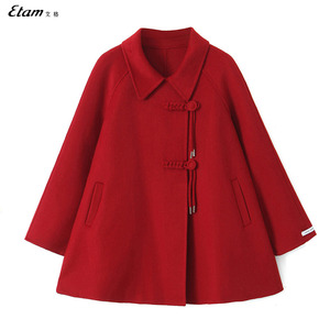 艾格/Etam2024冬新款复古盘扣中国风红色斗篷大衣羊毛双面呢外套