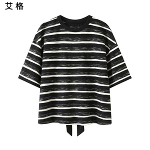 艾格/Etam2024夏季新款黑白条纹蝴蝶结短袖T恤开叉圆领宽松上衣女