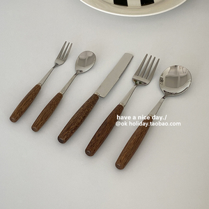 简约ins鸡翅木柄刀叉勺子西餐餐具套装不锈钢复古餐具日式北欧风