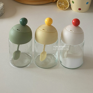 趣味ins可爱小彩球玻璃调味罐勺盖一体家用高颜值盐糖味精调料瓶