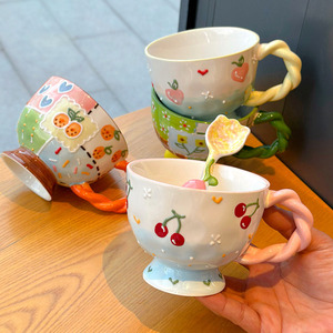 网红少女心陶瓷马克杯设计师原创手绘浮雕大容量水杯早餐牛奶杯子