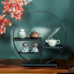 博古架铁艺多层新中式圆形展示架茶具摆件甜品蛋糕架茶桌置物架