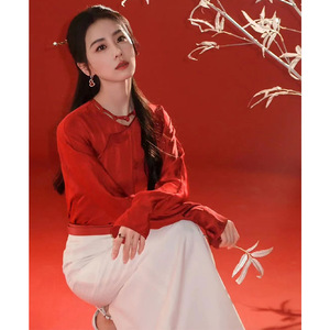 明星同款女装刘诗诗同款新中式国风级感红色衬衫龄半身裙时尚套装