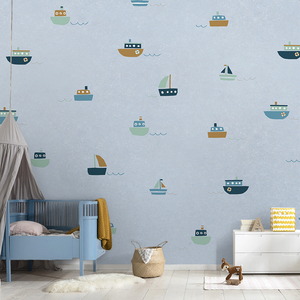 蓝色小船儿童房墙纸卡通孩卧室壁布无纺布欧式简约背景墙墙布