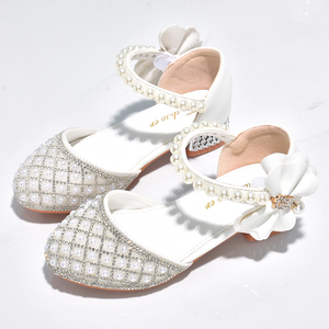 公主鞋女童白色水晶鞋儿童模特走秀比赛演出鞋带钻珍珠小孩高跟鞋