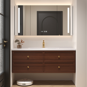 新中式浴室柜组合陶瓷一体盆新古典岩板无缝盆卫生间洗漱台卫浴柜