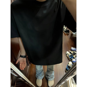 纯棉黑色小领口t恤男300g重磅纯色短袖cleanfit基础款内搭半截袖