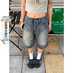 川川也美式复古水洗设计感直筒五分牛仔短裤男女做旧宽松半裤潮牌