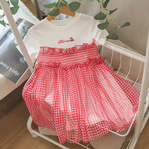 C98 夏季女童红色格子纱裙 短袖连衣裙 两件包邮