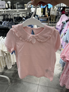 HM专柜国内代购 2024新款女婴宝宝baby全棉纯白色大衣领短袖T恤