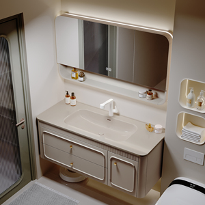 橡木烤漆浴室柜陶瓷一体盆实木洗漱洗手台洗脸盆柜组合奶油风现代