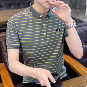 夏季短袖T恤男装韩版带有领纯棉半袖POLO衫条纹潮流微领上衣服T桖