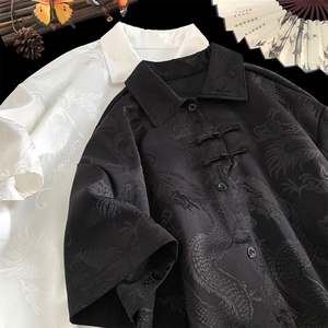 黑色新中式衬衫男夏季新款宽松百搭龙图案设计感高街潮流半袖外套