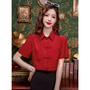 新中式盘扣红色短袖衬衫女夏季2024夏装新款减龄女士小衫国风上衣
