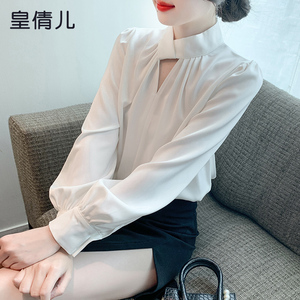 韩版立领长袖雪纺衬衫女春季2024年春装新款别致上衣缎面女士衬衣