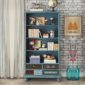 美式极简书柜欧式复古实木展示柜子地中海彩绘书架现代客厅置物架