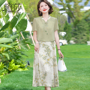 新中式妈妈夏装连衣裙洋气时尚假两件裙子中老年女装短袖雪纺裙子
