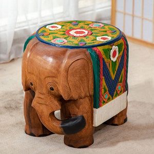 异丽泰国木雕大象摆件一对落地实木凳子客厅木头换鞋凳装饰工艺品