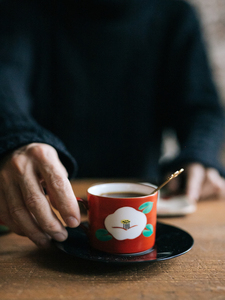 日本藏珍窑手绘白椿山茶花咖啡杯组日式昭和手工陶瓷杯组下午茶