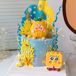 创意蛋糕装饰卡通菠萝猪海绵宝宝派大星摆件儿童宝宝周岁蛋糕插件