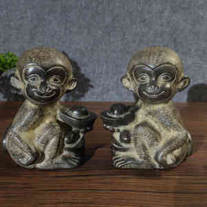 天然青石石雕刻灵猴子献宝动物复古装饰摆件送礼工艺茶舍实用收藏