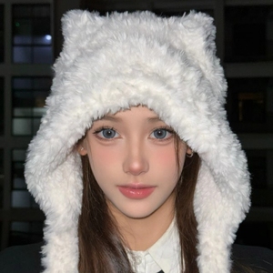 白色可爱小熊耳朵帽子女冬天毛线帽保暖护耳大头围显脸小针织帽子