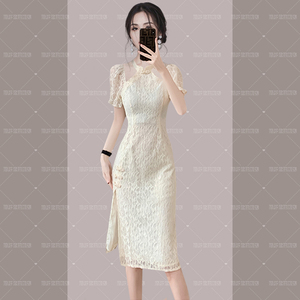 新中式改良旗袍式蕾丝连衣裙子女夏季2024新款收腰气质中长裙高级