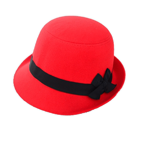 秋冬季英伦新款礼帽大红色女士蝴蝶结仿羊毛呢盆帽休闲时尚丸子帽